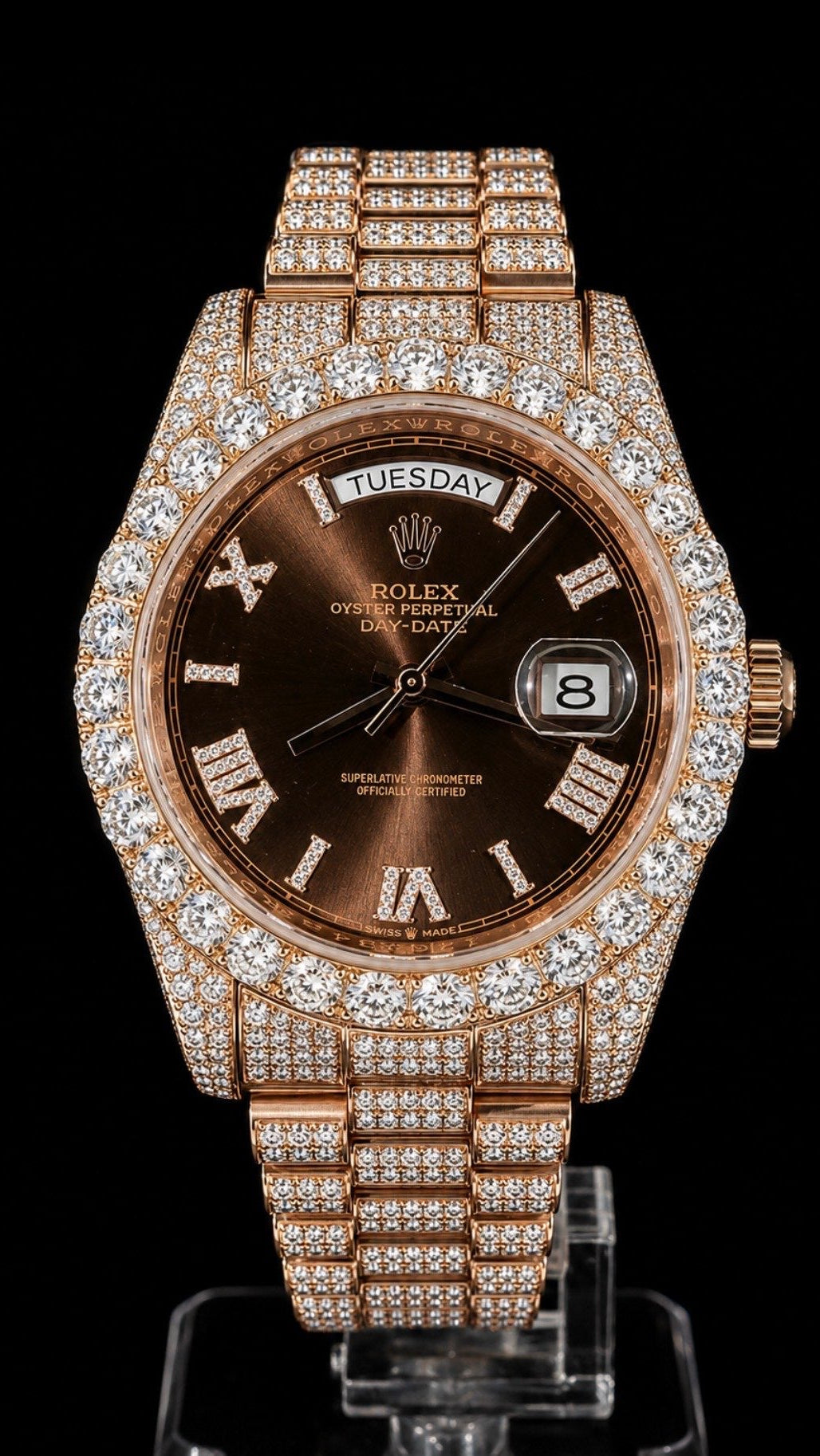 Rose Gold Iced-Out Day-Date – Brown Dial Diamond Luxury Watch