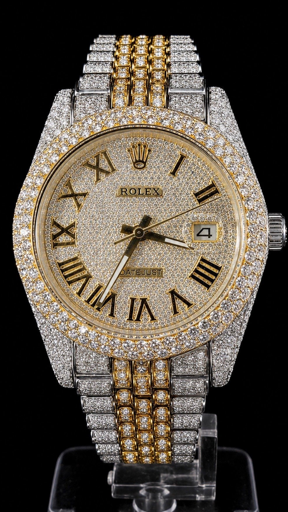 Iced-Out Two-Tone Luxury Watch | Diamond-Style Crystal Bezel & Bracelet
