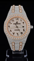 Luxury Iced-Out Arabic Dial Automatic-Style Watch – Rose Gold & Silver Diamond-Look Timepiece