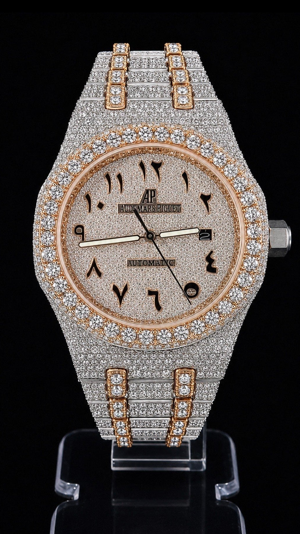 Luxury Iced-Out Arabic Dial Automatic-Style Watch – Rose Gold & Silver Diamond-Look Timepiece