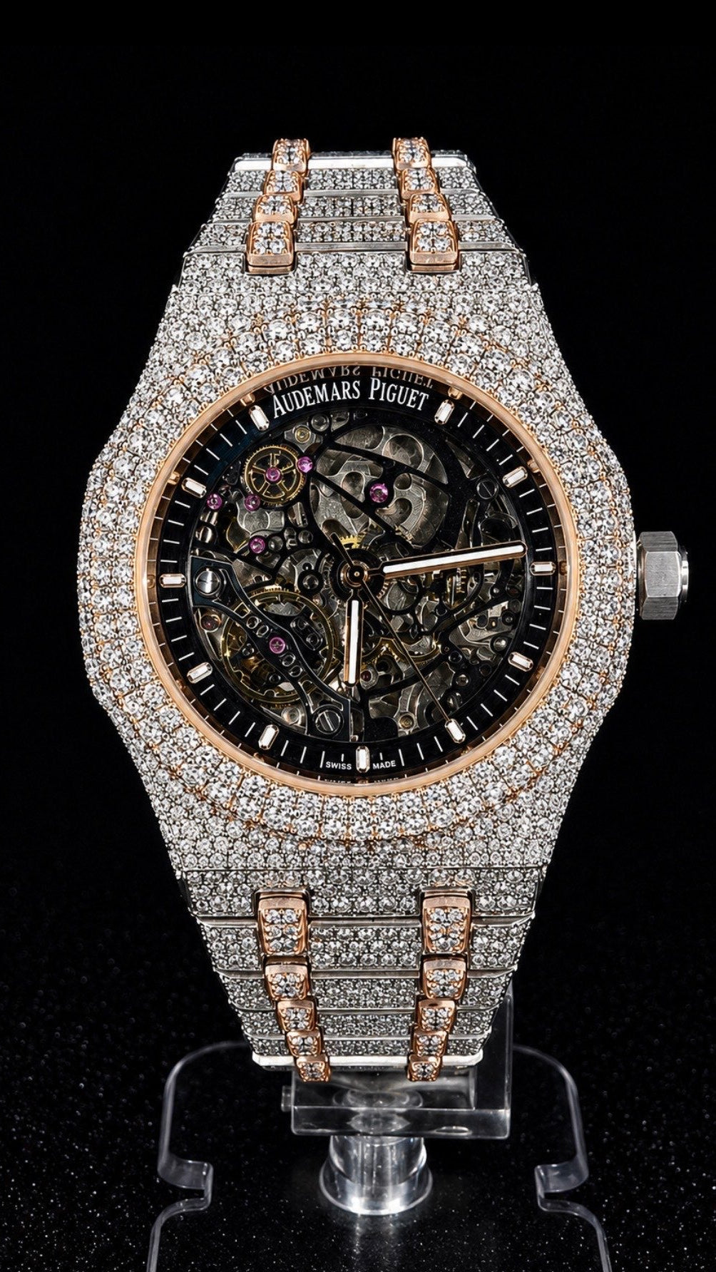 Luxury Iced-Out Skeleton-Style Watch – Rose Gold & Silver Diamond-Look Bracelet Timepiece