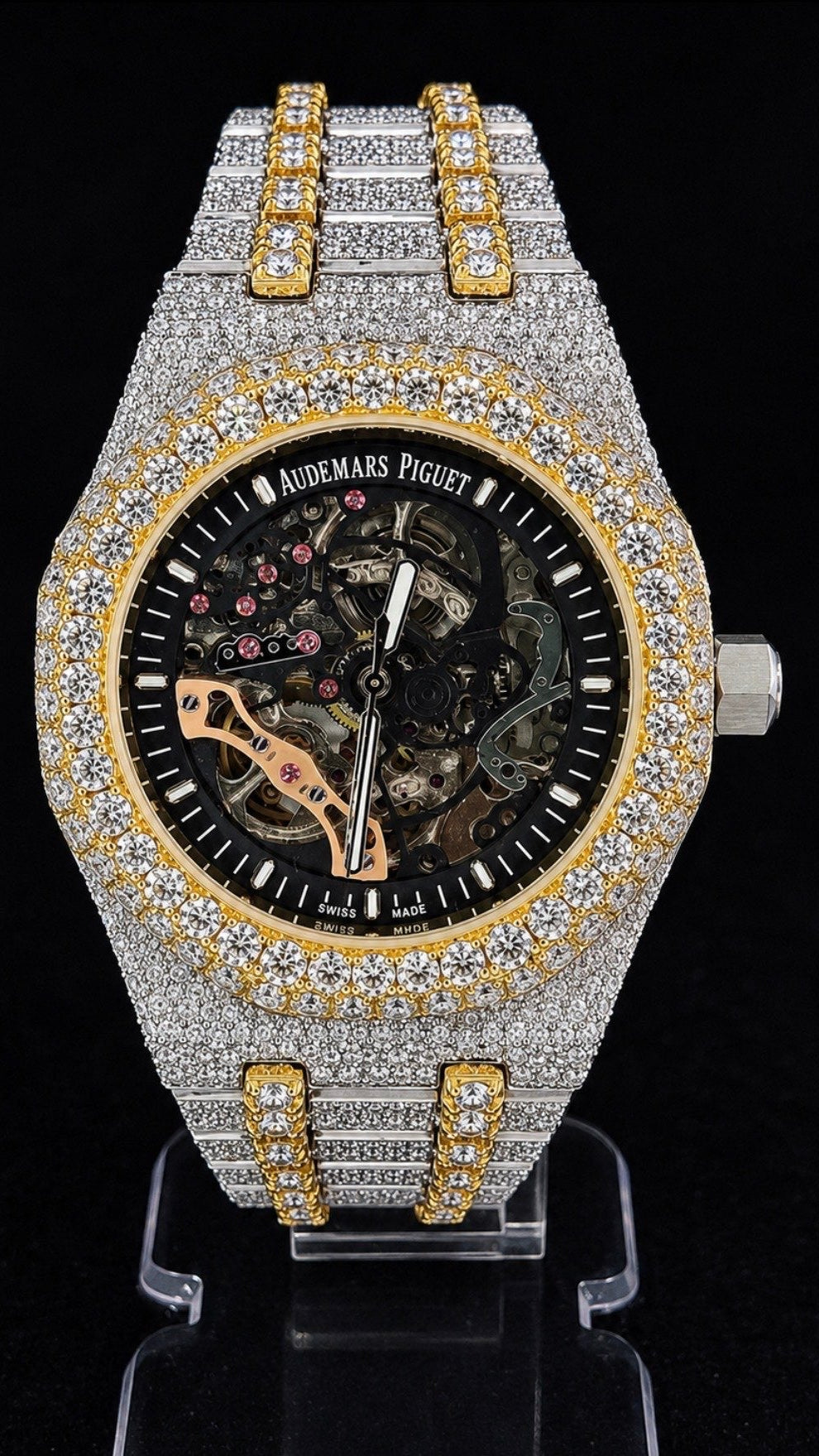 Luxury Iced-Out Skeleton-Style Wristwatch – Two-Tone Diamond-Look Design
