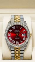 Luxury Iced Two-Tone Date Watch – Red Sunburst Dial | Diamond-Cut Style | Premium Statement Timepiece