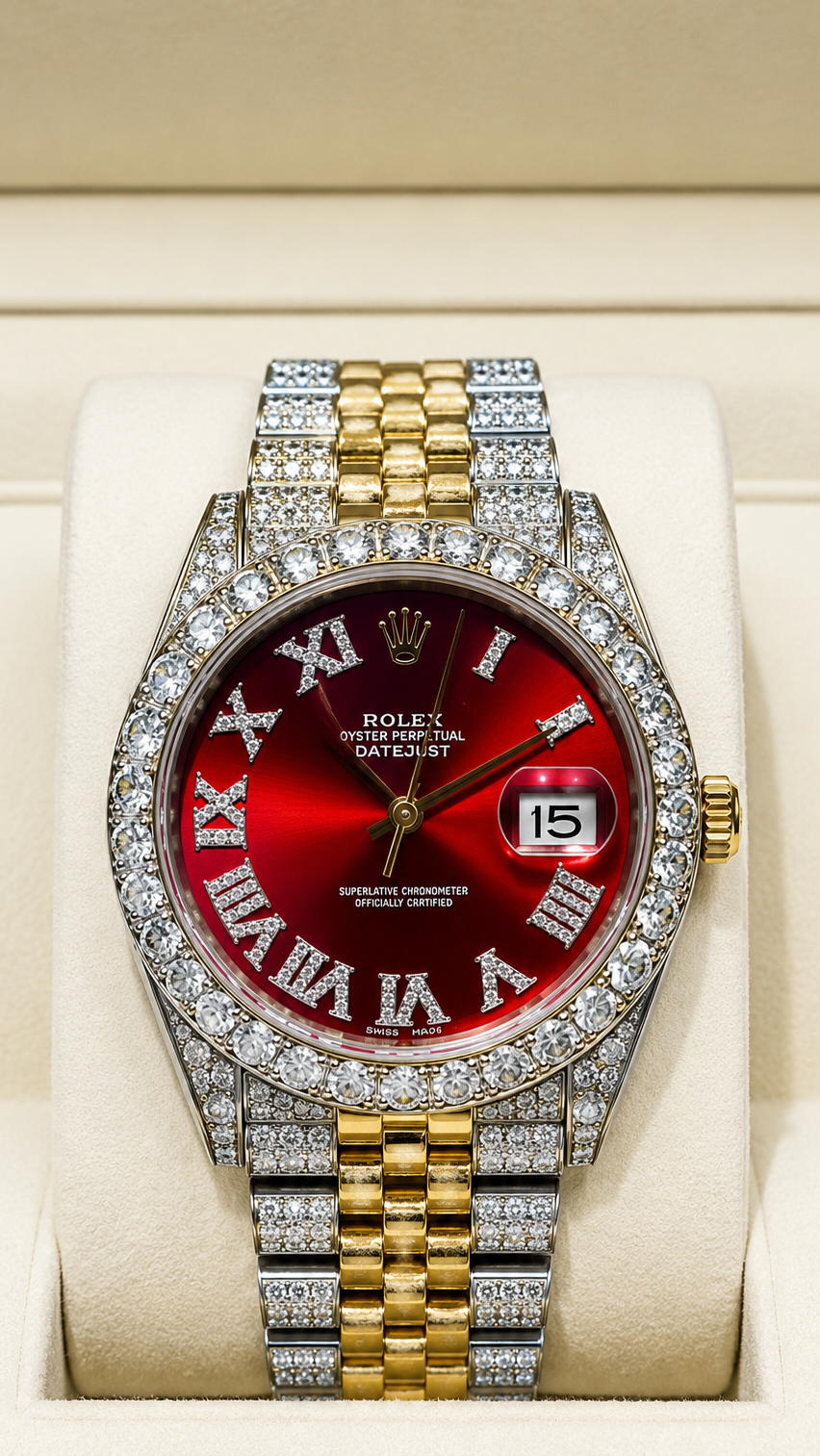 Luxury Iced Two-Tone Date Watch – Red Sunburst Dial | Diamond-Cut Style | Premium Statement Timepiece