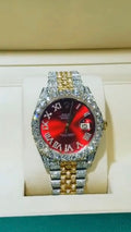 Luxury Iced Two-Tone Date Watch – Red Sunburst Dial | Diamond-Cut Style | Premium Statement Timepiece