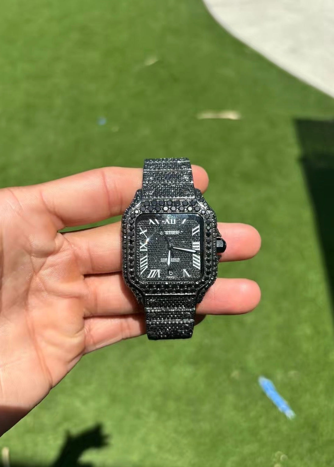 Midnight Black Iced-Out Santos Style Automatic Watch – Full Black Diamond Finish