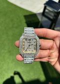 Iced-Out Santos Style Diamond Watch – Silver & Gold Tone | Automatic
