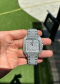 Luxury Iced-Out Santos Style Automatic Watch – Full Diamond-Paved Silver Finish