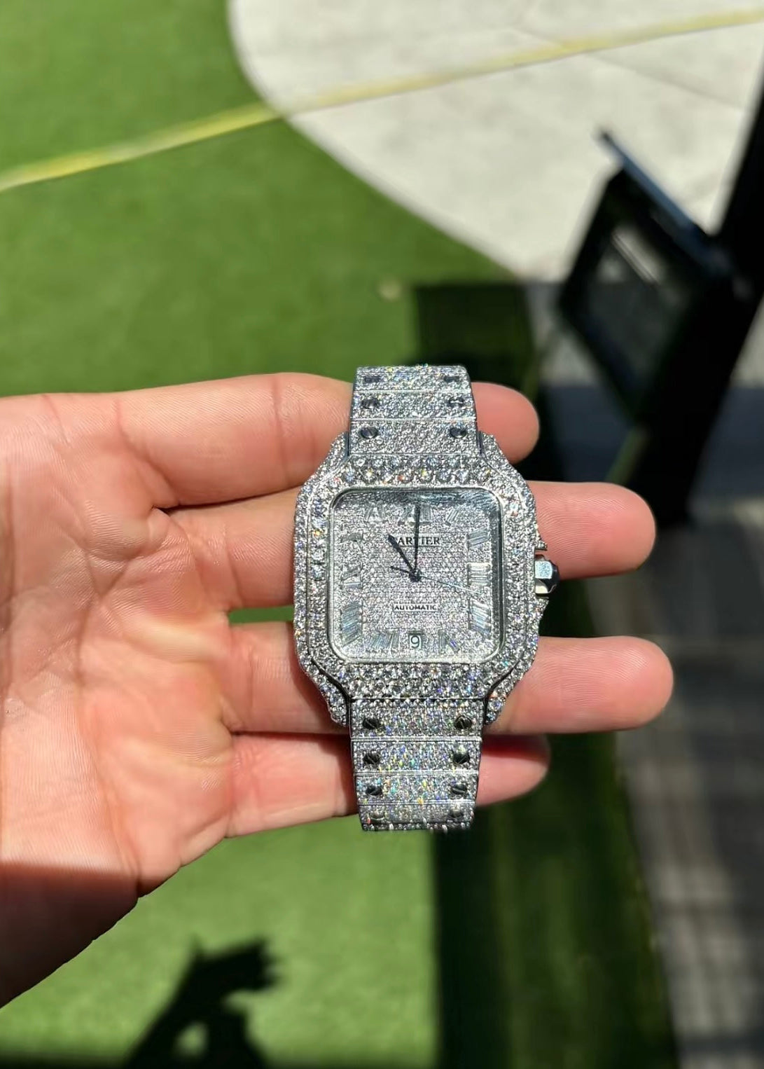 Luxury Iced-Out Santos Style Automatic Watch – Full Diamond-Paved Silver Finish