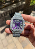 Royal Purple Iced-Out Santos Style Automatic Watch – Diamond-Paved Luxury Edition