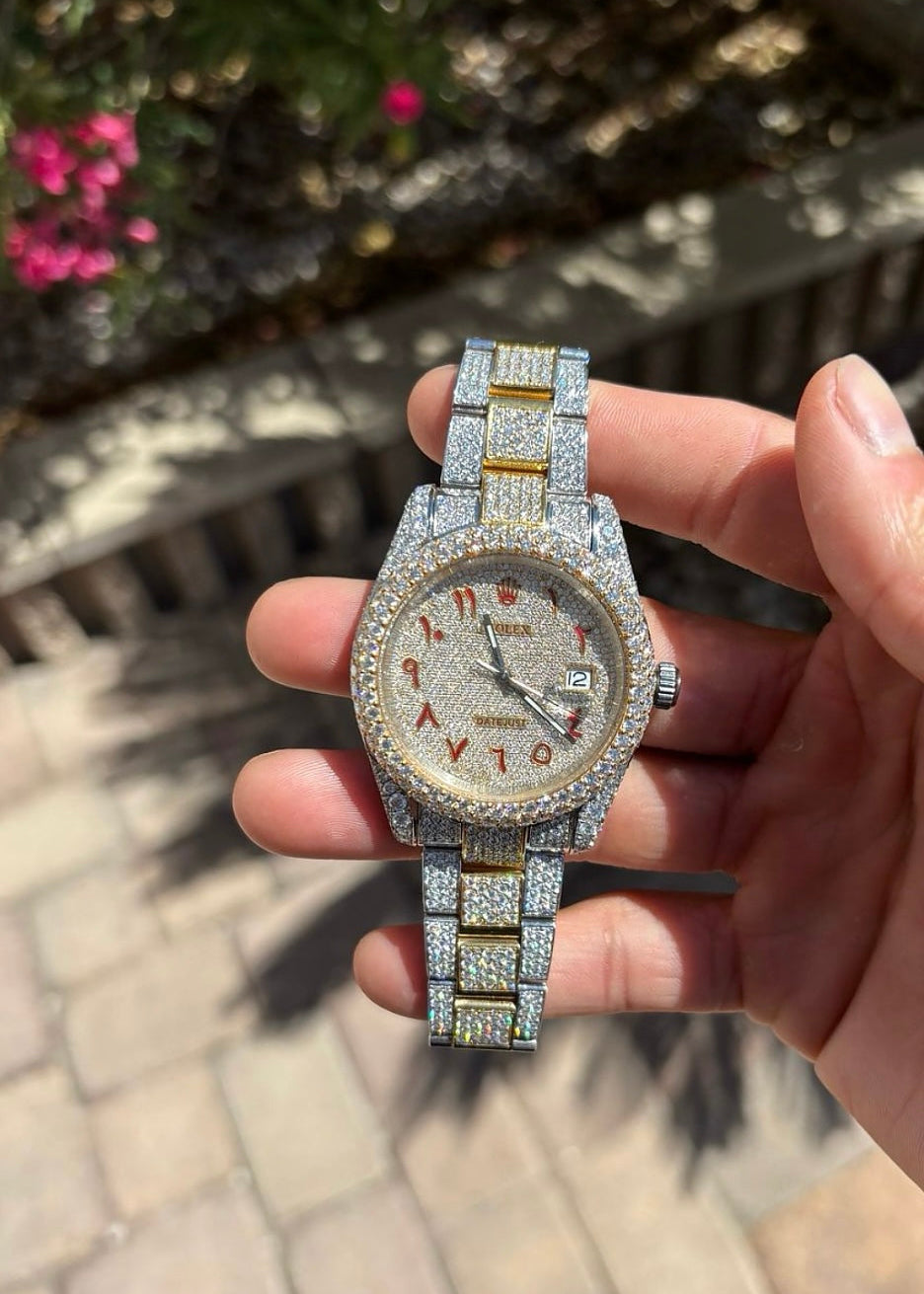 Luxury Two-Tone Iced-Out Automatic Watch – Full Diamond-Paved Gold & Silver Edition