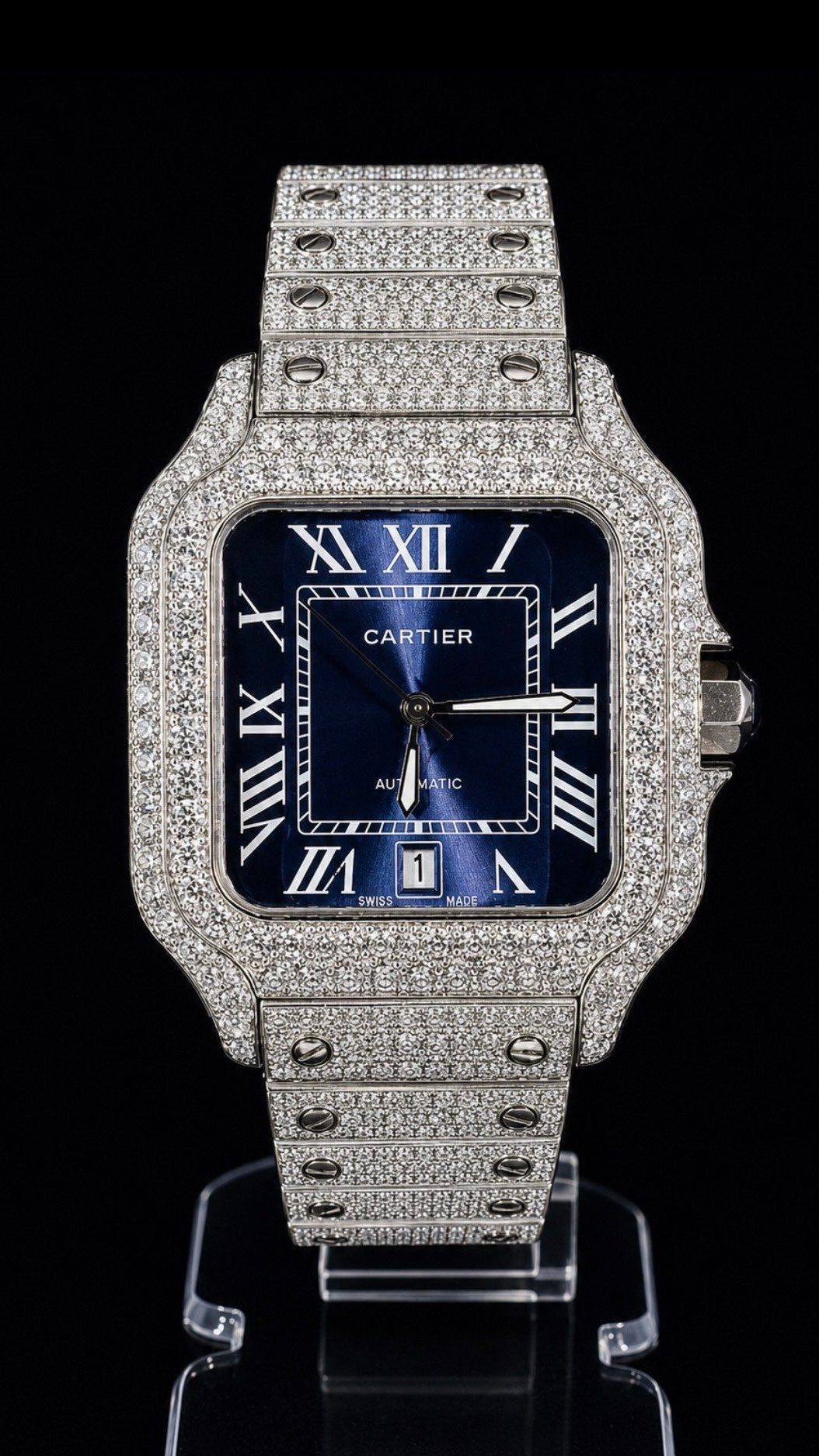 Iced-Out Santos Blue Dial – Luxury Diamond Watch