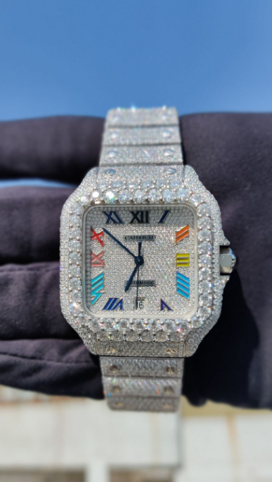 Luxury santos Automatic – Rainbow Roman Dial Iced Out Diamond Style Luxury Watch