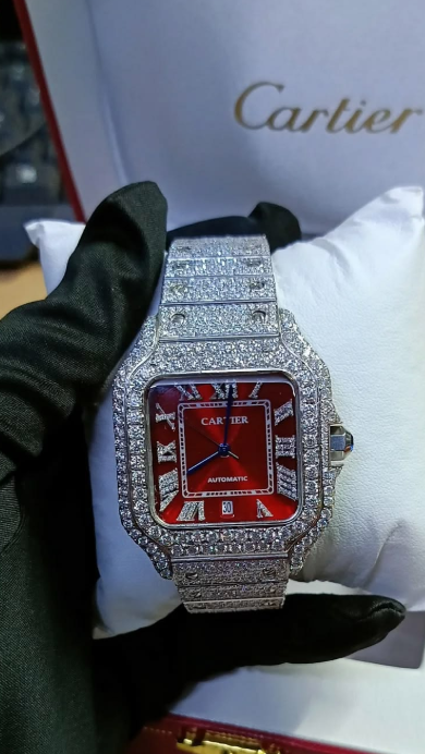 Luxury Santos Automatic – Iced Out Diamond Style Red Dial Luxury Watch