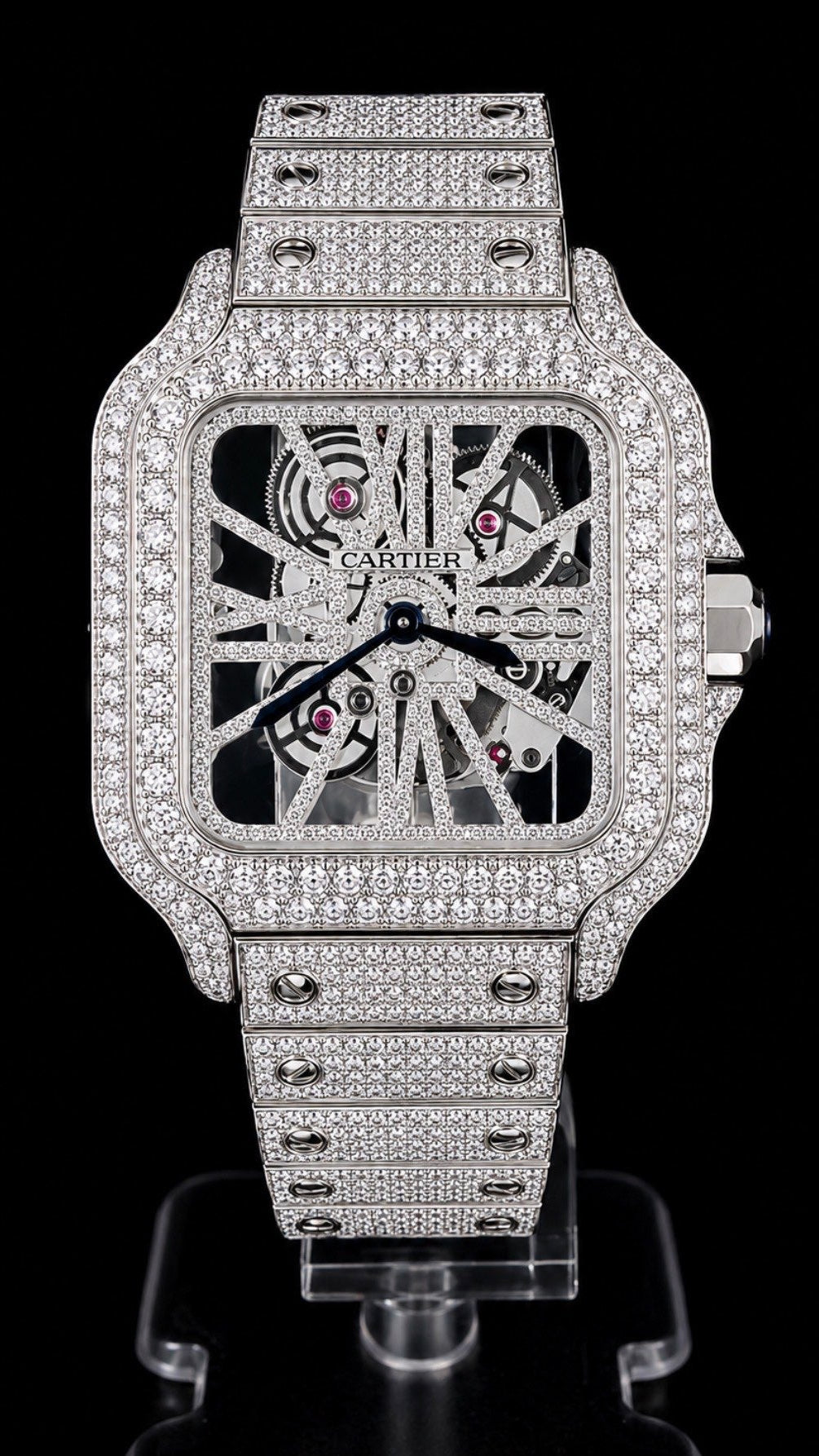 Luxury Iced-Out Skeleton Square Watch – Silver Finish | Automatic Movement | Diamond-Look Men's Timepiece